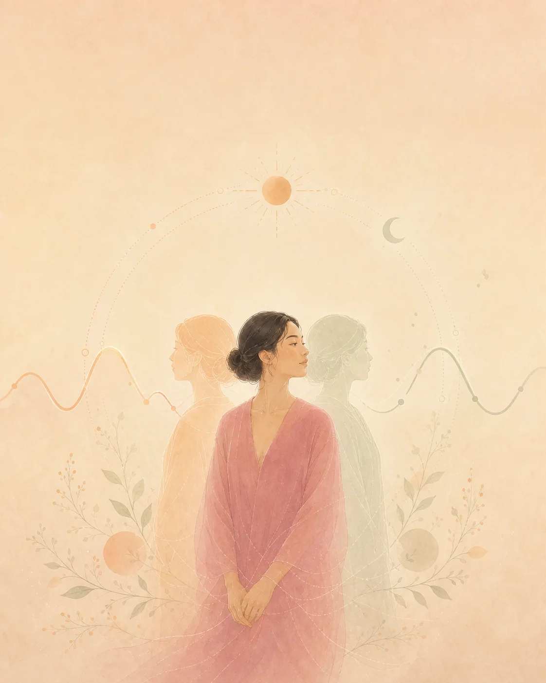 太陽と月の間で、現在の時刻と身体が感じる時刻のズレを重なる輪郭で表した女性のイラスト