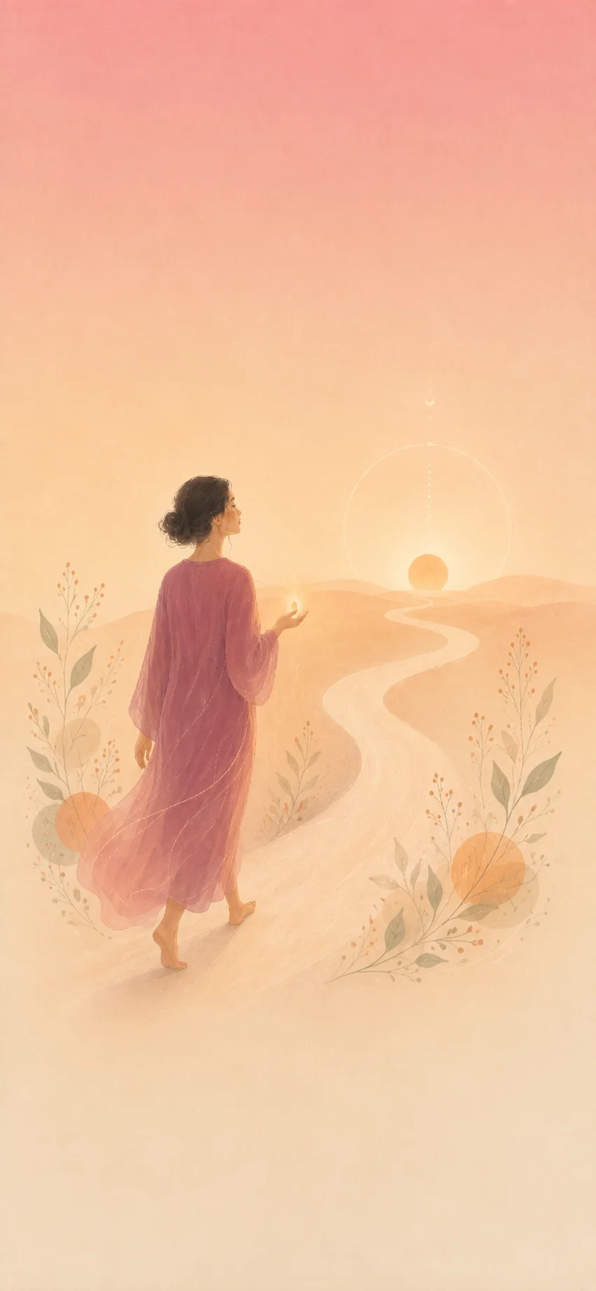 日の出へ続く道を歩く女性の後ろ姿のイラスト