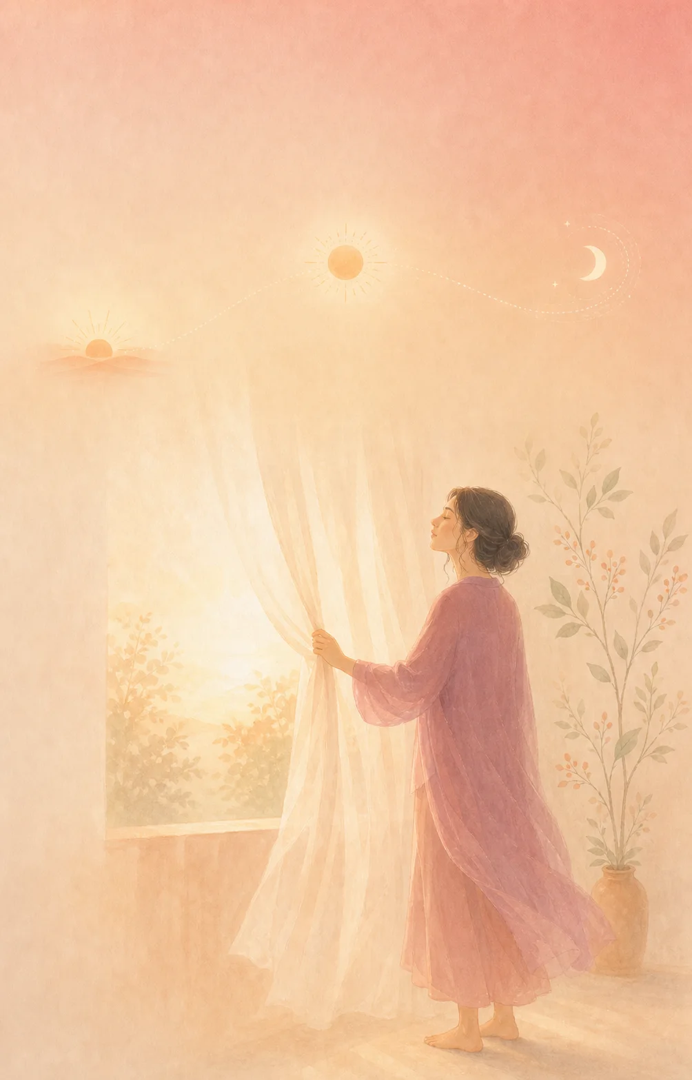 朝の光から夜の眠りまで、一日の流れを見つめる女性のイラスト