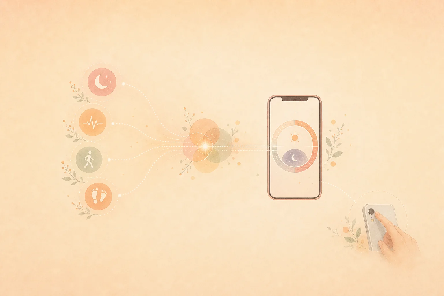 スマートフォンでの計測と、Sync Hubによるヘルスケアデータ連携を表したイラスト